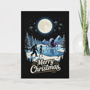 Tarjeta de Navidad de Bigfoot Alien Cryptid OVNI