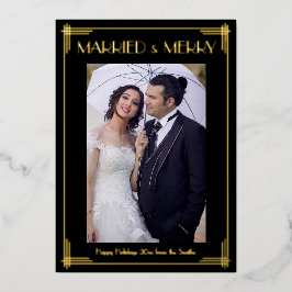 Tarjeta de Navidad de boda Art Déco con papel de o