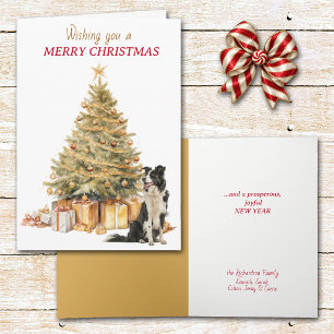 Tarjeta de Navidad de Border Collie con árbol dora