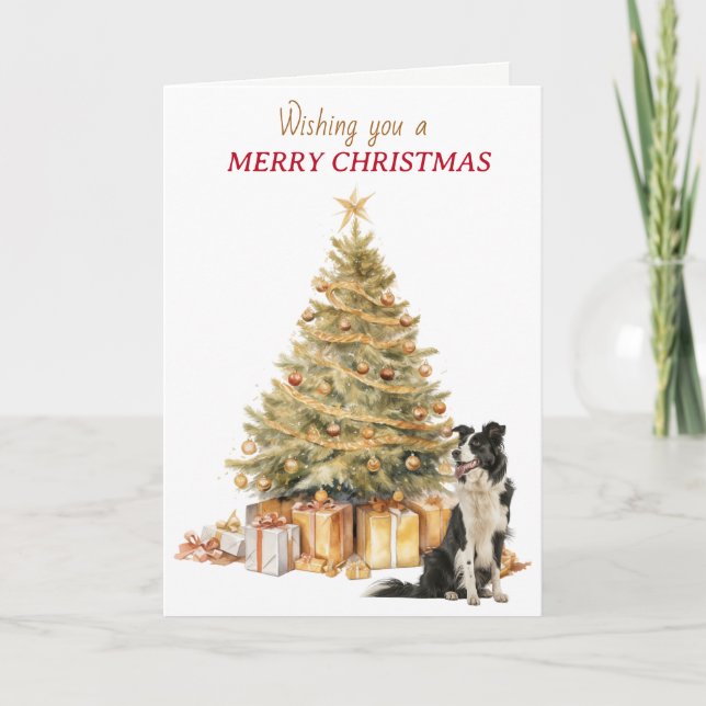 Tarjeta de Navidad de Border Collie con árbol dora (Anverso)
