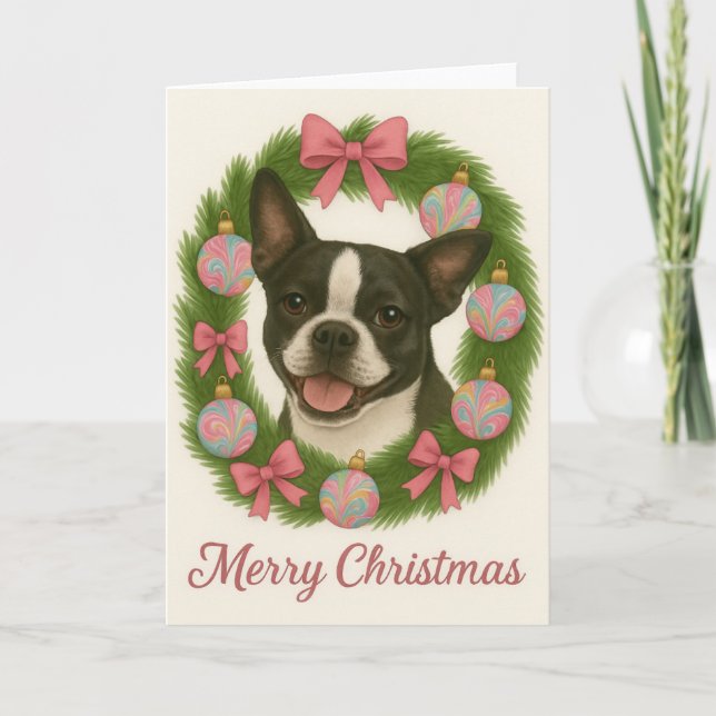 Tarjeta de Navidad de Boston Terrier (Anverso)