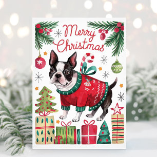 Tarjeta de Navidad de Boston Terrier con Acuarela