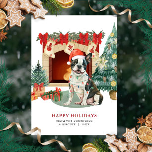 Tarjeta de Navidad de Boston Terrier con Acuarela