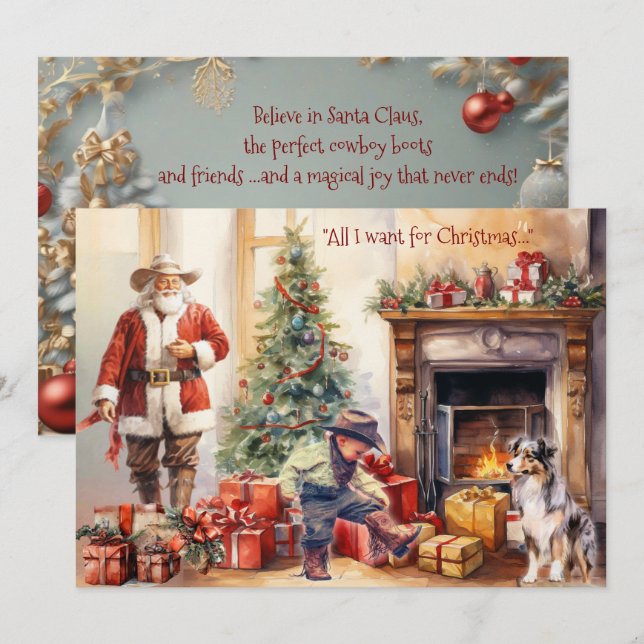 Tarjeta de Navidad de Botas de Vaquero para Niño (Anverso / Reverso)