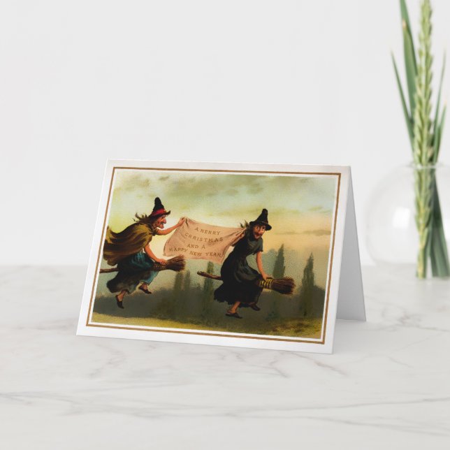 Tarjeta de Navidad de Brujas Vintage (Anverso)