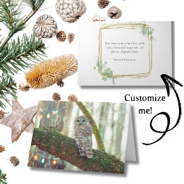 Tarjeta de Navidad de búho con luces navideñas y n