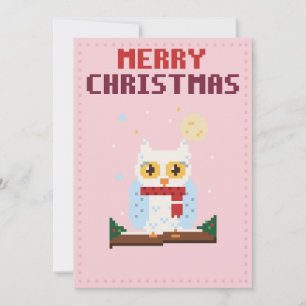 Tarjeta de Navidad de búho nevado con arte de píxe