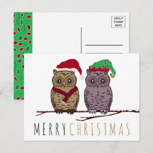 Tarjeta de Navidad de Búho Santa y Búho Elfo