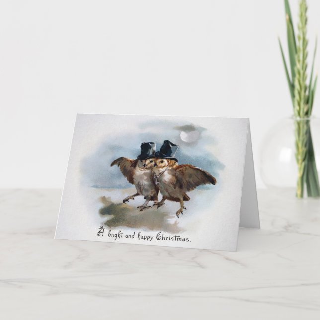 Tarjeta de Navidad de Búhos Victorianos Antiguos (Anverso)