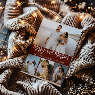 Tarjeta de Navidad de Burgundy Feliz y Casada 4 Fo