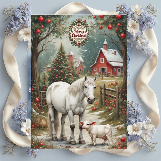 Tarjeta de Navidad de caballo de granja rústica co (Rustic Farm Horse Red Barn Merry Christmas Card)