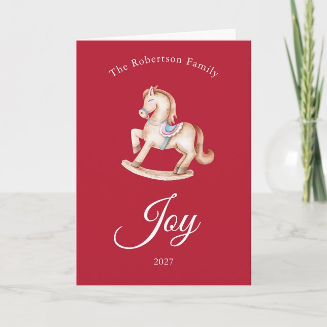 Tarjeta de Navidad de Caballo de Madera Vintage (Anverso)