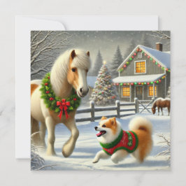 Tarjeta de Navidad de Caballo y Perro Islandés