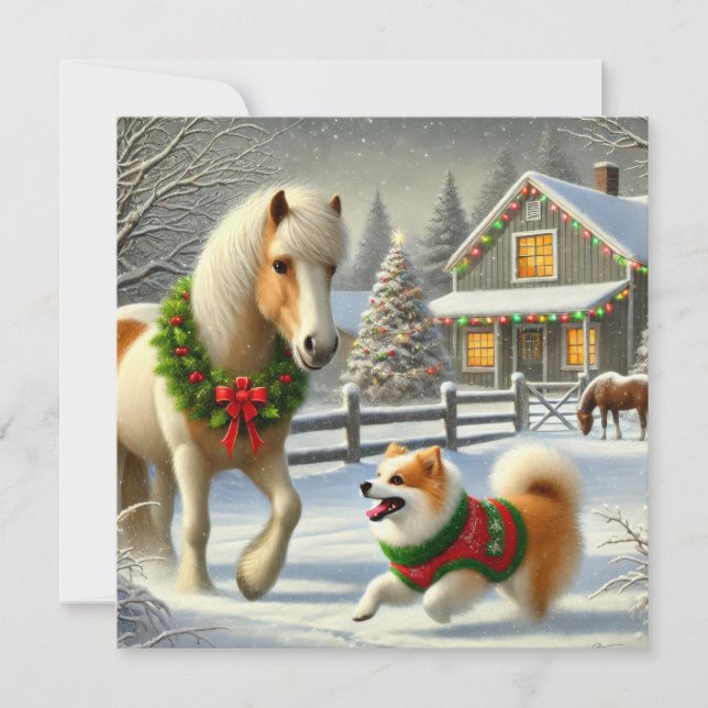 Tarjeta de Navidad de Caballo y Perro Islandés (Anverso)