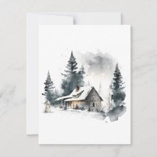 Tarjeta de Navidad de Cabaña de Acuarela en la Nie