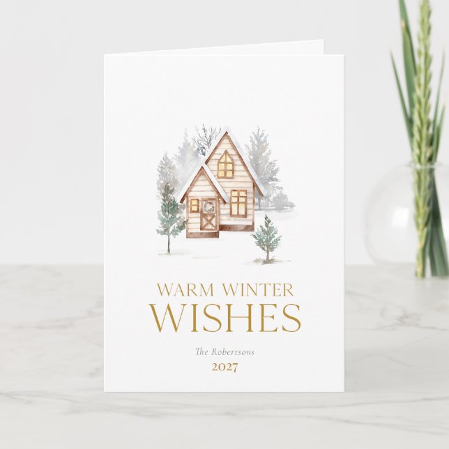 Tarjeta de Navidad de Cabaña de Invierno Cálido (Anverso)