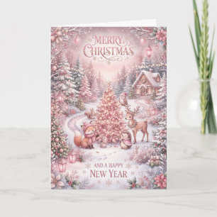 Tarjeta de Navidad de Cabaña de Invierno Rosa con