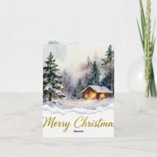 Tarjeta de Navidad de cabaña de nieve en acuarela