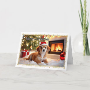 Tarjeta de Navidad de Cachorro junto a la Chimenea