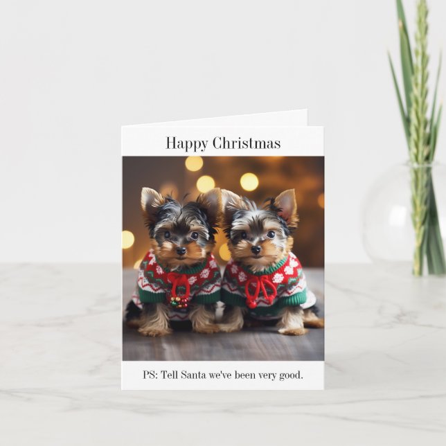 Tarjeta de Navidad de cachorros de Yorkshire Terri (Anverso)