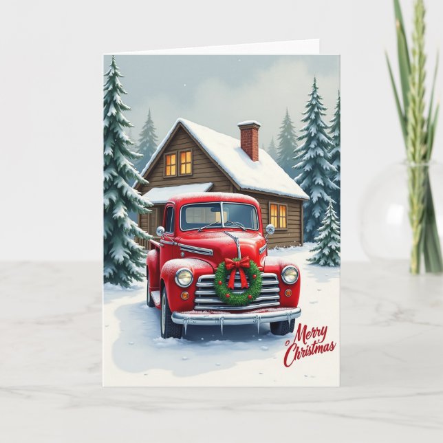 Tarjeta de Navidad de Camión Rojo Clásico (Anverso)
