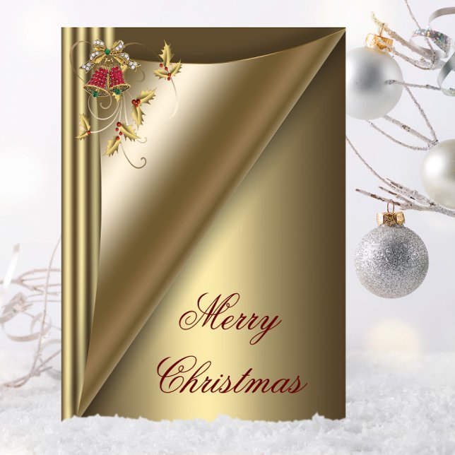 Tarjeta de Navidad de Campanas Rojas Elegantes y A (Red and gold Christmas card with pretty bells and holly.)
