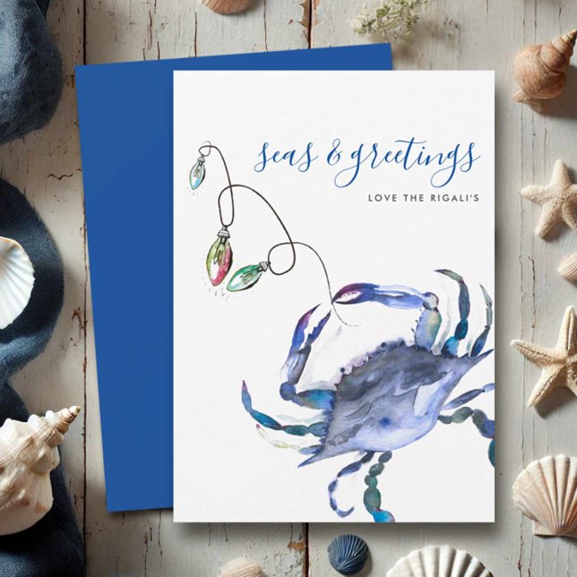 Tarjeta de Navidad de Cangrejo en la Playa con Acu (Beach Christmas cards watercolor crab in shades of blue with holiday lights Victoria Grigaliunas)