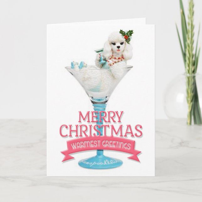Tarjeta de Navidad de Caniche en Copa de Vino (Anverso)