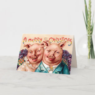Tarjeta de Navidad de cerdos Victorianos antiguos