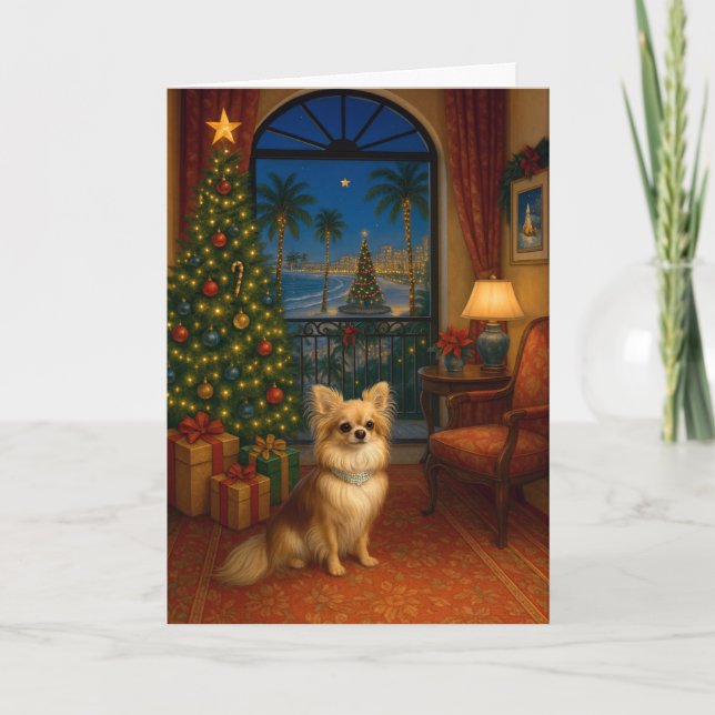Tarjeta de Navidad de Chihuahua de pelo largo (Anverso)