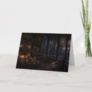 Tarjeta de Navidad de Chimenea de Biblioteca Gótic