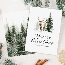 Tarjeta de Navidad de ciervo con acuarela en bosqu