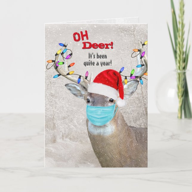 Tarjeta de Navidad de Ciervo con Sombrero de Santa (Anverso)