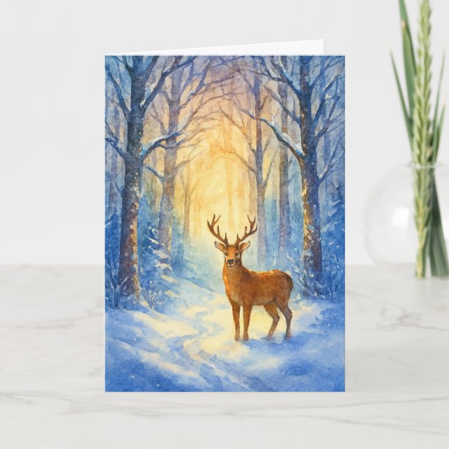 Tarjeta de Navidad de ciervo del bosque con acuare (Anverso)