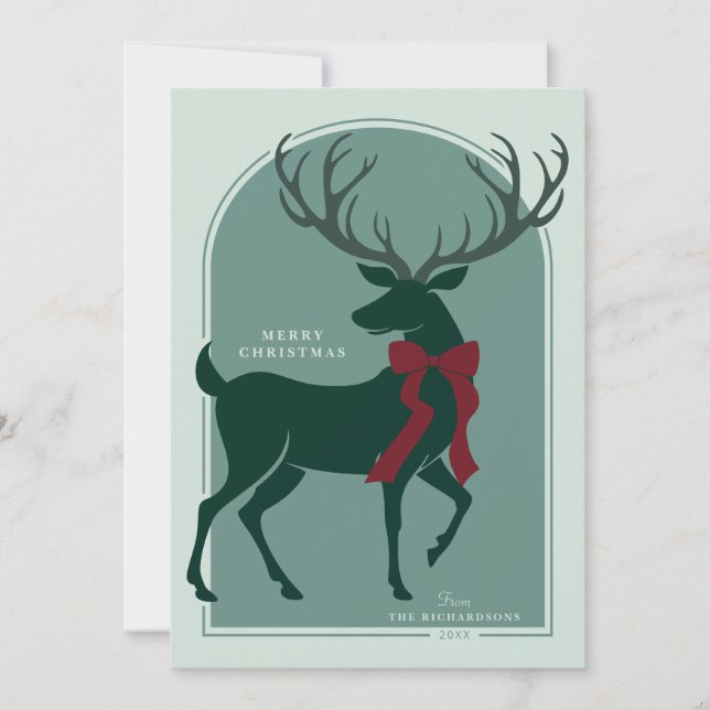 Tarjeta de Navidad de Ciervo Elegante Verde Rojo (Anverso)