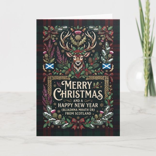 Tarjeta de Navidad de Ciervo Escocés Alegre (Anverso)