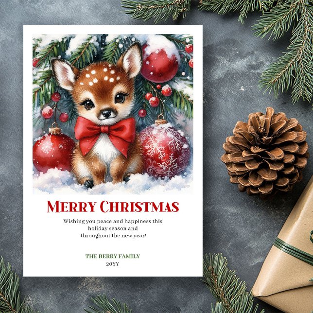 Tarjeta de Navidad de Ciervo Pacífico Acuarela Nav (Peaceful Fawn Watercolor Snowy Christmas Card Xmas Card)