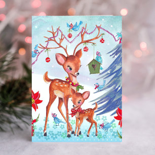 Tarjeta de Navidad de Ciervos y Pájaros   Tarjeta 