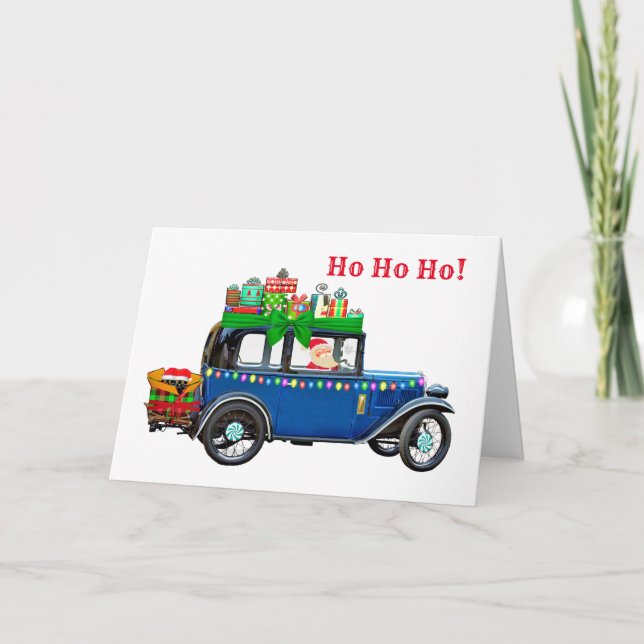 Tarjeta de Navidad de Coche Antiguo con Santa (Anverso)