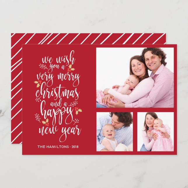 Tarjeta de Navidad de Collage de Fotos 3 Fotos (Anverso / Reverso)