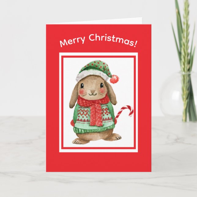 Tarjeta de Navidad de conejito lindo con bastón de (Anverso)