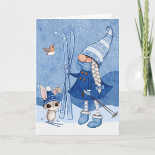 Tarjeta de Navidad de conejo gnomo esquiando