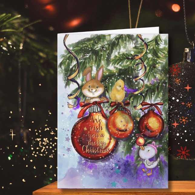 Tarjeta de Navidad de conejo pollito ganso caprich (Whimsical Bunny Chick Goose Christmas Holiday Card)