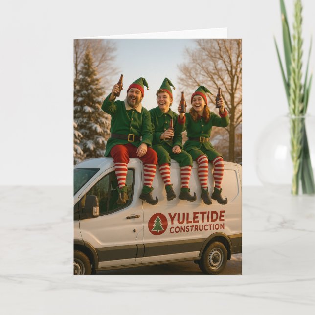 Tarjeta de Navidad de Construcción Elfos cervezas (Anverso)