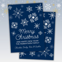 Tarjeta de Navidad de copos de nieve azules y blan
