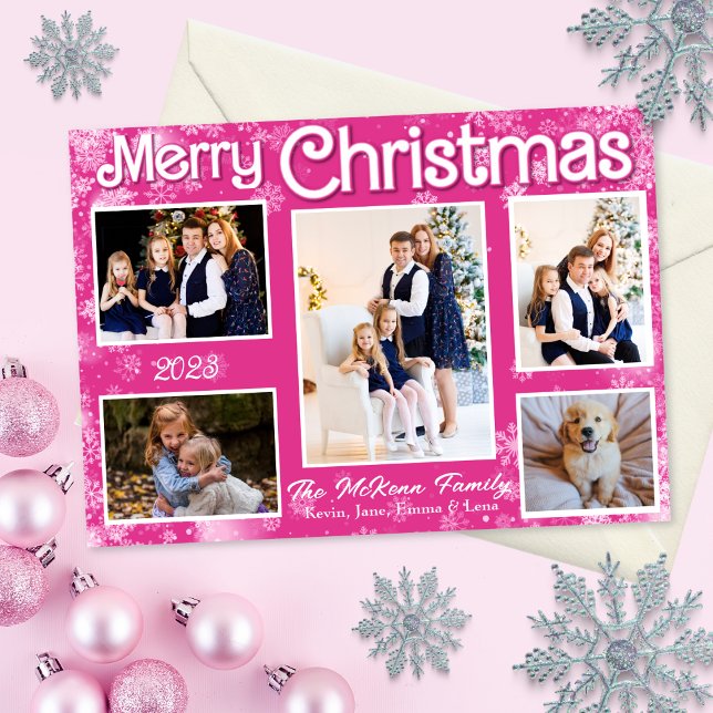 Tarjeta de Navidad de copos de nieve rosa y blanco (Hot pink Christmas card with white snowflakes.)