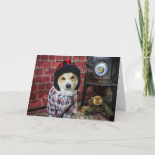 Tarjeta de Navidad de Corgi de Estufa de Leña