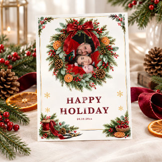 Tarjeta de Navidad de Corona Botánica Elegante Fot