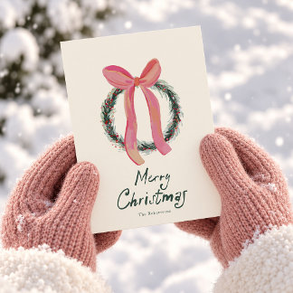 Tarjeta de Navidad de corona de agua con lazo rosa