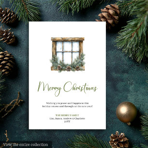 Tarjeta de Navidad de Corona de Pino Acuarela Bohe